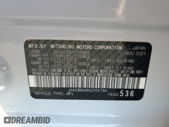2022 Mitsubishi Eclipse Cross SE z VIN JA4ASWAA6NZ055784, wystawiony jako Copart lot #71539834 z przebiegiem 58 790 mil mil oraz Szkoda całkowita • Salvage title. Historia ofert i sprzedaży dostępna na DreamBid. Obrazek 12.