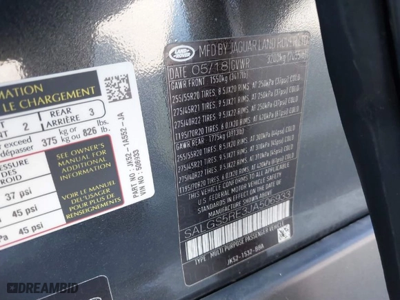 2018 Land Rover Range Rover with VIN SALGS5RE3JA506933, listed as a IAAI auction lot 41867748 with NaN miles. Bid and sale history available at carsss.com. Image 9.