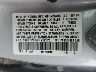 2015 Honda Civic LX with VIN 19XFB2F53FE202026, listed as a Copart auction lot 53326035 with 78,901 mi miles and Salvage Title. Bid and sale history available at DreamBid. Image 13.