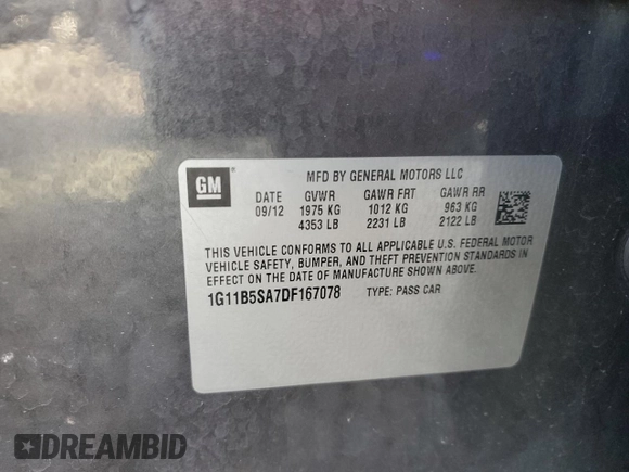 2013 Chevrolet Malibu LS with VIN 1G11B5SA7DF167078, listed as a Copart auction lot 54753815 with 132,140 mi miles and Clean Title. Bid and sale history available at DreamBid. Image 12.