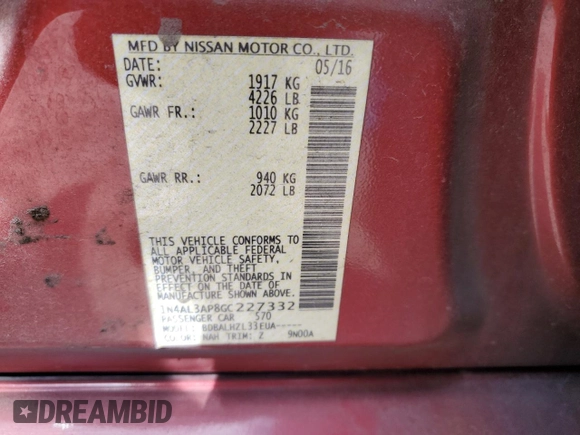 2016 Nissan Altima 2.5 S with VIN 1N4AL3AP8GC227332, listed as a Copart auction lot 54351535 with 189,888 mi miles and Salvage Title. Bid and sale history available at carsss.com. Image 12.