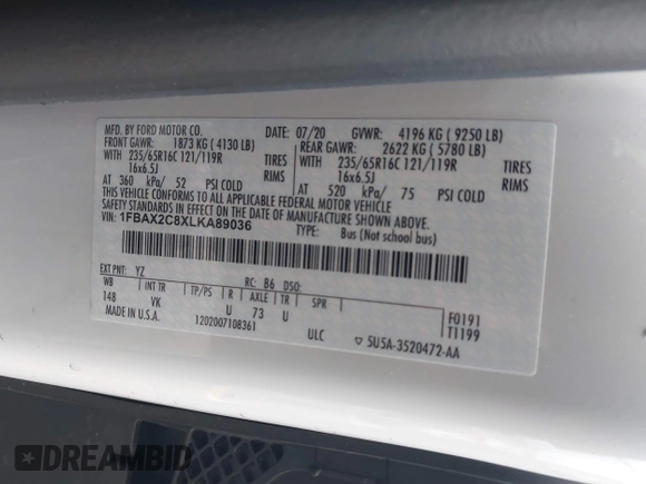 2020 Ford Transit Passenger XL with VIN 1FBAX2C8XLKA89036, listed as a IAAI auction lot 41456332 with 31,414 mi miles and . Bid and sale history available at DreamBid. Image 9.