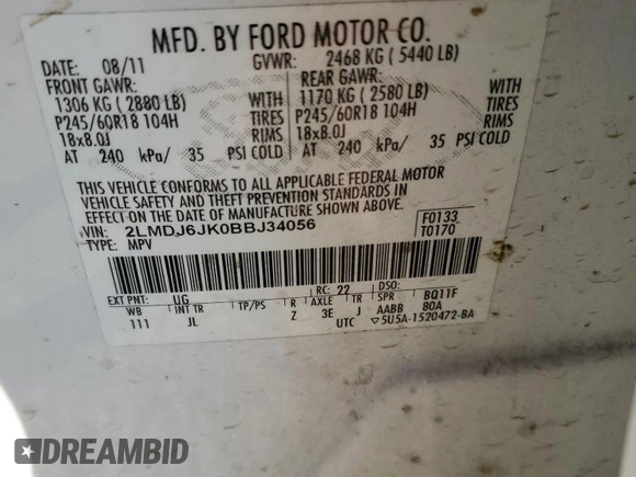 2011 Lincoln MKX z VIN 2LMDJ6JK0BBJ34056, wystawiony jako Copart lot #77958124 z przebiegiem 213 173 mil mil oraz Szkoda całkowita • Salvage title. Historia ofert i sprzedaży dostępna na DreamBid. Obrazek 13.