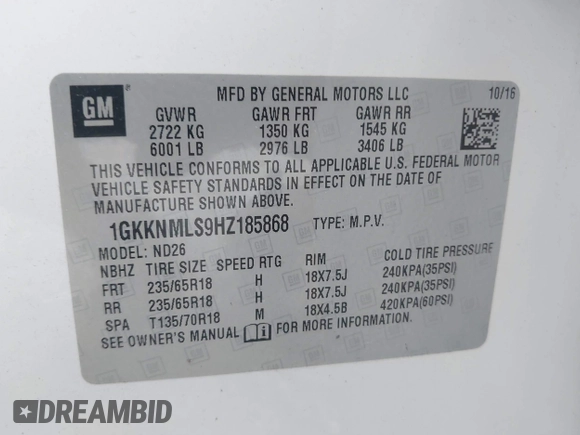 2017 GMC Acadia SLT with VIN 1GKKNMLS9HZ185868, listed as a IAAI auction lot 42307636 with 89,127 mi miles and . Bid and sale history available at DreamBid. Image 9.
