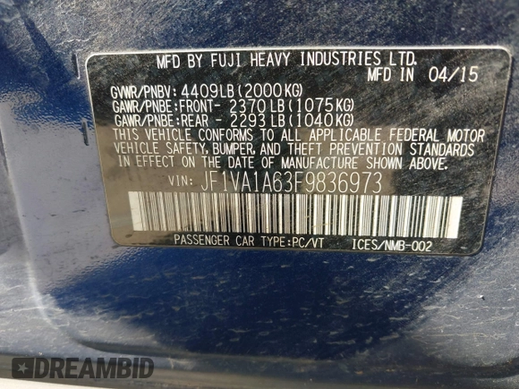 2015 Subaru WRX with VIN JF1VA1A63F9836973, listed as a IAAI auction lot 41789301 with 99,853 mi miles. Bid and sale history available at carsss.com. Image 9.