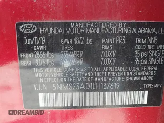 2020 Hyundai Santa Fe SE with VIN 5NMS23AD1LH137619, listed as a IAAI auction lot 41425753 with 72,587 mi miles. Bid and sale history available at carsss.com. Image 9.