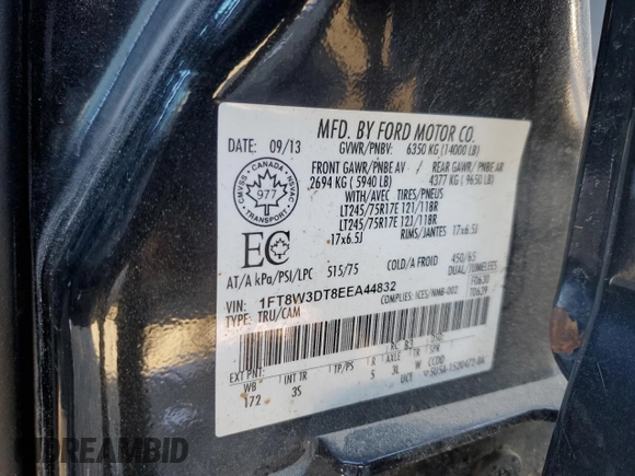 2014 Ford F-350 XLT with VIN 1FT8W3DT8EEA44832, listed as a Copart auction lot 45468365 with 176,751 mi miles and Salvage Title. Bid and sale history available at DreamBid. Image 12.
