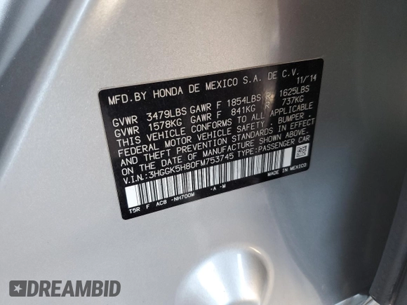 2015 Honda Fit EX-L с VIN 3HGGK5H80FM753745, выставлен на аукционе Copart как лот 60850515 с пробегом 69 414 миль миль и Списание • Salvage title. История ставок и продаж доступна на DreamBid. Изображение 12.