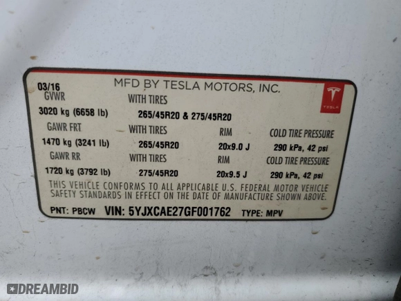 2016 Tesla Model X 70D with VIN 5YJXCAE27GF001762, listed as a Copart auction lot 47261873 with 119,010 mi miles. Bid and sale history available at carsss.com. Image 12.