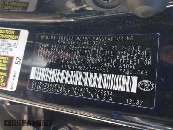 2019 Toyota Camry LE z VIN 4T1B11HK7KU774951, wystawiony jako IAAI lot #41349009 z przebiegiem 189 711 mil mil oraz . Historia ofert i sprzedaży dostępna na DreamBid. Obrazek 9.