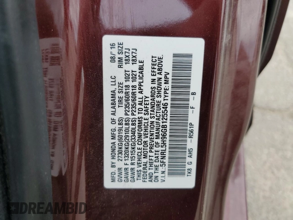 2016 Honda Odyssey Touring Elite with VIN 5FNRL5H96GB125546, listed as a Copart auction lot 54954165 with 101,479 mi miles and Salvage Title. Bid and sale history available at DreamBid. Image 14.