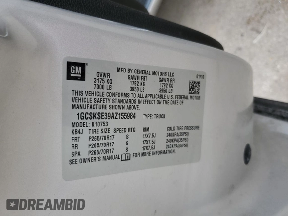 2010 Chevrolet Silverado 1500 LT with VIN 1GCSKSE39AZ155984, listed as a Copart auction lot 52940725 with Not Provided miles and Salvage Title. Bid and sale history available at DreamBid. Image 14.