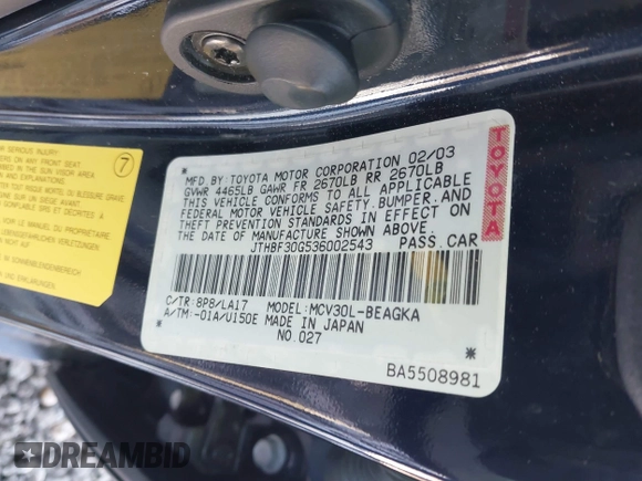 2003 Lexus ES 300 with VIN JTHBF30G536002543, listed as a IAAI auction lot 41413636 with Not Provided miles and . Bid and sale history available at DreamBid. Image 9.