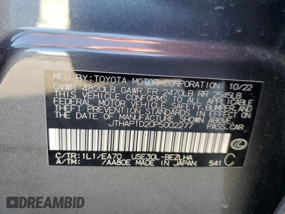 2023 Lexus IS with VIN JTHAP1D20P5002277, listed as a Copart auction lot 43239005 with 25,654 mi miles and Salvage Title. Bid and sale history available at carsss.com. Image 13.