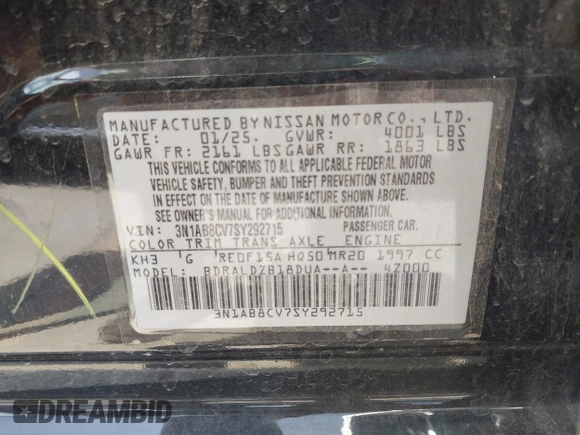 2025 Nissan Sentra SV z VIN 3N1AB8CV7SY292715, wystawiony jako IAAI lot #42441271 z przebiegiem 5 623 mil mil oraz . Historia ofert i sprzedaży dostępna na DreamBid. Obrazek 9.
