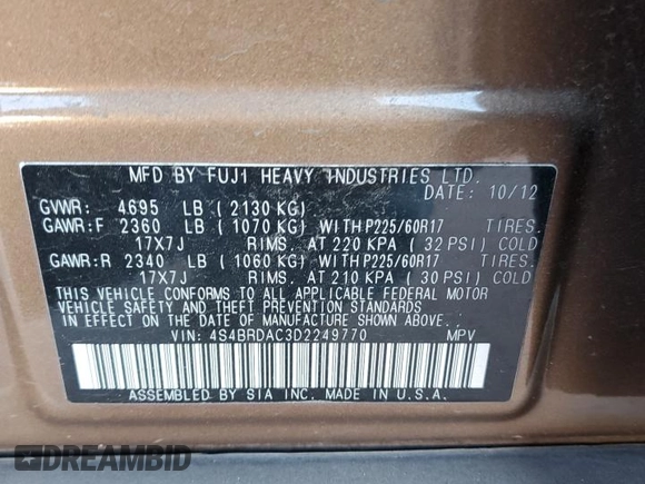 2013 Subaru Outback with VIN 4S4BRDAC3D2249770, listed as a Copart auction lot 41530485 with 121,117 mi miles and Salvage title. Bid and sale history available at DreamBid. Image 12.