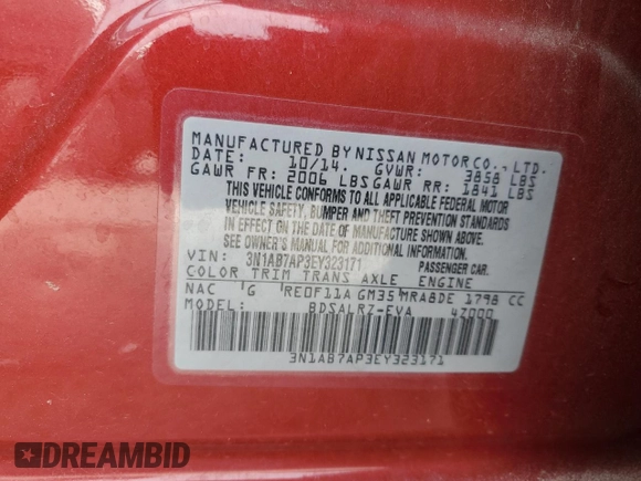 2014 Nissan Sentra SR z VIN 3N1AB7AP3EY323171, wystawiony jako Copart lot #55529345 z przebiegiem Nie podano mil oraz Szkoda całkowita • Salvage title. Historia ofert i sprzedaży dostępna na DreamBid. Obrazek 12.
