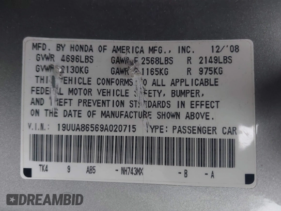 2009 Acura TL Tech with VIN 19UUA86569A020715, listed as a IAAI auction lot 41521211 with 179,977 mi miles. Bid and sale history available at carsss.com. Image 9.