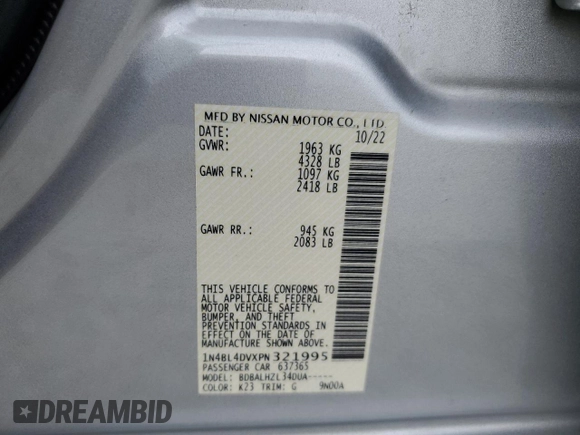 2023 Nissan Altima 2.5 SV with VIN 1N4BL4DVXPN321995, listed as a Copart auction lot 60495824 with 40,840 mi miles and Salvage Title. Bid and sale history available at carsss.com. Image 14.