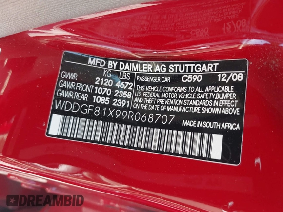 2009 Mercedes-Benz C 300 Sport with VIN WDDGF81X99R068707, listed as a IAAI auction lot 42338074 with 106,559 mi miles and . Bid and sale history available at DreamBid. Image 9.