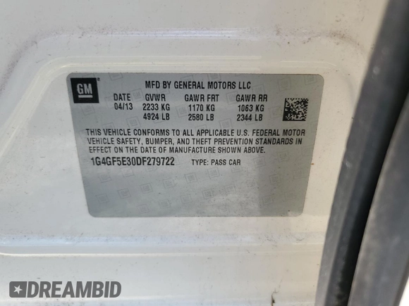2013 Buick LaCrosse Premium 1 with VIN 1G4GF5E30DF279722, listed as a Copart auction lot 63200375 with Not provided miles and Clean title. Bid and sale history available at DreamBid. Image 12.