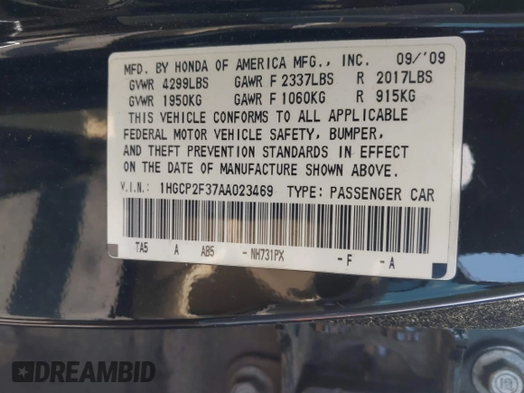 2010 Honda Accord LX z VIN 1HGCP2F37AA023469, wystawiony jako IAAI lot #42218686 z przebiegiem 247 119 mil mil oraz . Historia ofert i sprzedaży dostępna na DreamBid. Obrazek 9.