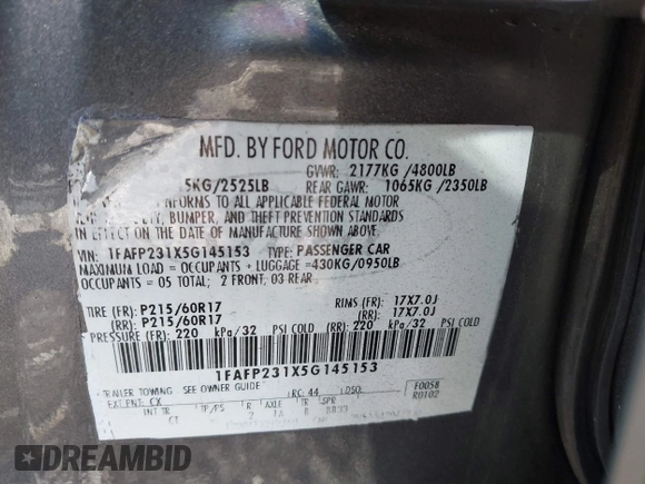 2005 Ford Five Hundred SE z VIN 1FAFP231X5G145153, wystawiony jako IAAI lot #42059747 z przebiegiem 59 114 mil mil oraz . Historia ofert i sprzedaży dostępna na DreamBid. Obrazek 9.