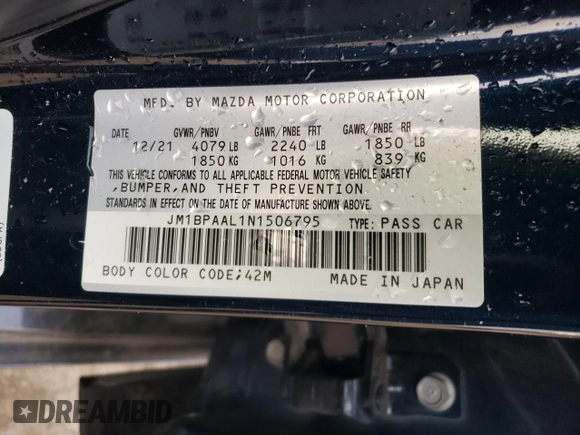 2022 Mazda 3 S z VIN JM1BPAAL1N1506795, wystawiony jako Copart lot #82496954 z przebiegiem 18 693 mil mil oraz Szkoda całkowita • Salvage title. Historia ofert i sprzedaży dostępna na DreamBid. Obrazek 14.