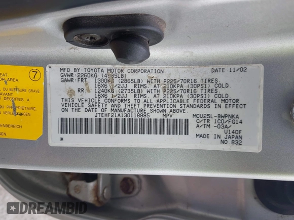 2003 Toyota Highlander z VIN JTEHF21A130118885, wystawiony jako IAAI lot #42475699 z przebiegiem 151 201 mil mil oraz . Historia ofert i sprzedaży dostępna na DreamBid. Obrazek 9.