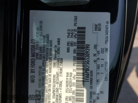 2016 Ford Mustang GT with VIN 1FA6P8CF5G5309390, listed as a Copart auction lot 58806345 with 129,546 mi miles and Salvage title. Bid and sale history available at DreamBid. Image 12.