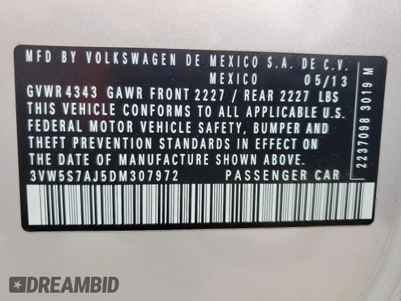 2013 Volkswagen Jetta with VIN 3VW5S7AJ5DM307972, listed as a Copart auction lot 62768225 with 164,118 mi miles and Salvage title. Bid and sale history available at DreamBid. Image 12.
