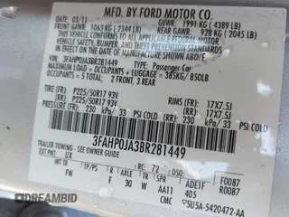 2011 Ford Fusion SEL with VIN 3FAHP0JA3BR281449, listed as a IAAI auction lot 42072472 with 1 mi miles. Bid and sale history available at carsss.com. Image 9.