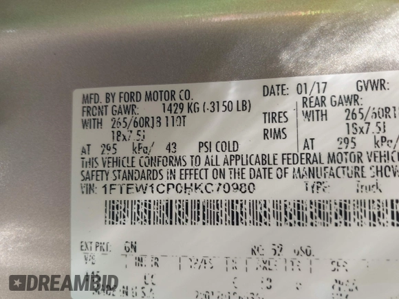 2017 Ford F-150 XL with VIN 1FTEW1CP0HKC70980, listed as a IAAI auction lot 39181898 with 1 mi miles. Bid and sale history available at carsss.com. Image 9.