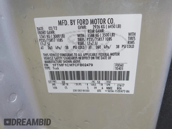 2012 Ford F-150 XL with VIN 1FTMF1CM7CFB02479, listed as a IAAI auction lot 41173983 with 168,433 mi miles. Bid and sale history available at carsss.com. Image 9.
