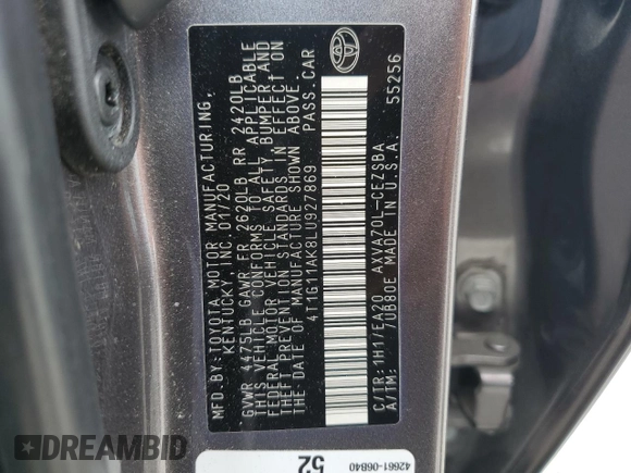 2020 Toyota Camry SE z VIN 4T1G11AK8LU927869, wystawiony jako Copart lot #57242235 z przebiegiem 85 487 mil mil oraz Szkoda całkowita • Salvage title. Historia ofert i sprzedaży dostępna na DreamBid. Obrazek 13.