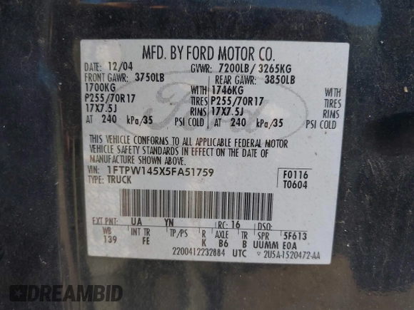 2005 Ford F-150 XLT with VIN 1FTPW145X5FA51759, listed as a IAAI auction lot 42077373 with 131,425 mi miles. Bid and sale history available at carsss.com. Image 9.