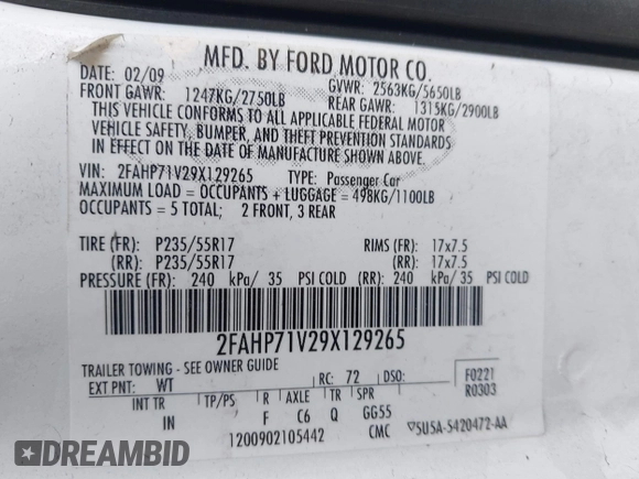 2009 Ford Police Interceptor with VIN 2FAHP71V29X129265, listed as a IAAI auction lot 42381382 with Not provided miles and . Bid and sale history available at DreamBid. Image 9.