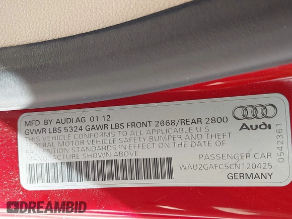 2012 Audi A7 Prestige with VIN WAU2GAFC5CN120425, listed as a IAAI auction lot 41747630 with 128,401 mi miles and . Bid and sale history available at carsss.com. Image 9.