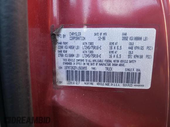 1997 Dodge 2500 with VIN 1B7KF26Z7VJ563055, listed as a Copart auction lot 66916434 with 235,006 mi miles and Salvage Title. Bid and sale history available at DreamBid. Image 12.