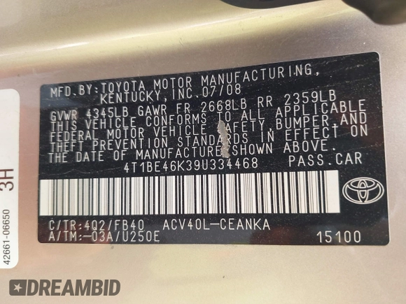 2009 Toyota Camry with VIN 4T1BE46K39U334468, listed as a IAAI auction lot 41511576 with Not Provided miles and . Bid and sale history available at DreamBid. Image 9.