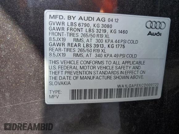 2012 Audi Q7 Premium Plus z VIN WA1LGAFEXCD009720, wystawiony jako Copart lot #64573895 z przebiegiem 113 720 mil mil oraz Szkoda całkowita • Salvage title. Historia ofert i sprzedaży dostępna na DreamBid. Obrazek 13.