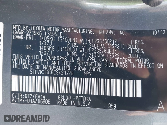 2014 Toyota Sienna L with VIN 5TDZK3DC6ES421278, listed as a IAAI auction lot 41178679 with 202,823 mi miles. Bid and sale history available at carsss.com. Image 9.