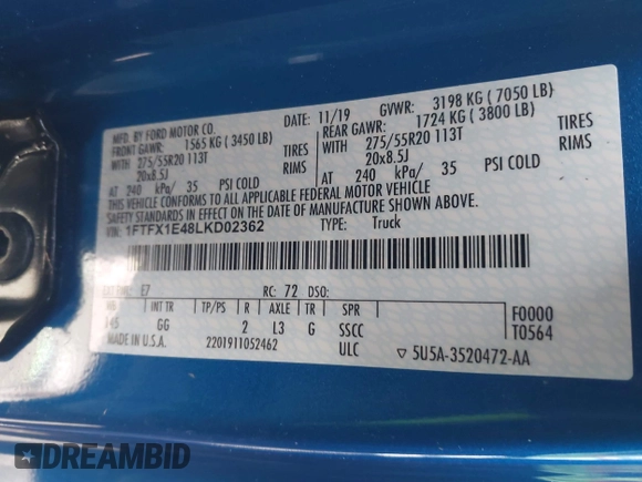 2020 Ford F-150 XL with VIN 1FTFX1E48LKD02362, listed as a IAAI auction lot 41556663 with 1 mi miles. Bid and sale history available at carsss.com. Image 9.