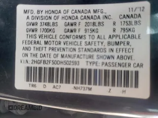 2013 Honda Civic LX z VIN 2HGFB2F50DH502593, wystawiony jako Copart lot #58256345 z przebiegiem 178 975 mil mil oraz Szkoda całkowita • Salvage title. Historia ofert i sprzedaży dostępna na DreamBid. Obrazek 12.