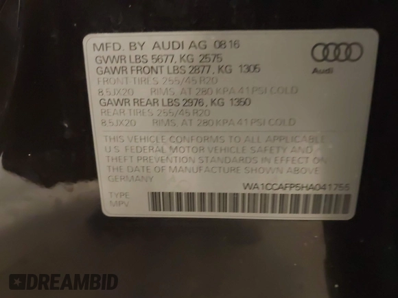 2017 Audi SQ5 Premium Plus with VIN WA1CCAFP5HA041755, listed as a IAAI auction lot 41728825 with 135,512 mi miles. Bid and sale history available at carsss.com. Image 9.