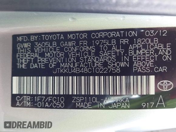 2012 Scion xD with VIN JTKKU4B48C1022758, listed as a IAAI auction lot 42603909 with 162,509 mi miles and . Bid and sale history available at DreamBid. Image 9.