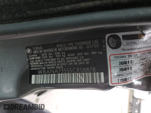 2005 BMW 5 Series 530i z VIN WBANA73555CR58878, wystawiony jako Copart lot #51302875 z przebiegiem 172 745 mil mil oraz Szkoda całkowita • Salvage title. Historia ofert i sprzedaży dostępna na DreamBid. Obrazek 14.