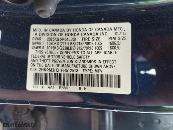 2015 Honda CR-V LX with VIN 2HKRM3H31FH512518, listed as a IAAI auction lot 41970739 with 150,561 mi miles. Bid and sale history available at carsss.com. Image 9.