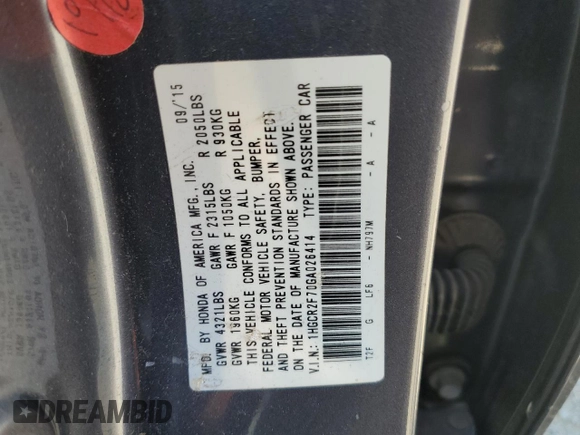 2016 Honda Accord EX with VIN 1HGCR2F70GA026414, listed as a Copart auction lot 52986765 with 70,770 mi miles and Salvage Title. Bid and sale history available at carsss.com. Image 13.