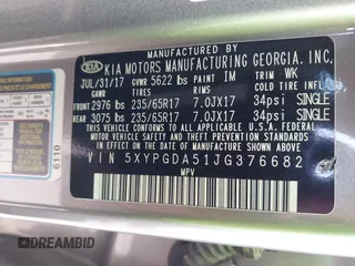 2018 Kia Sorento LX V6 with VIN 5XYPGDA51JG376682, listed as a IAAI auction lot 41914856 with 116,428 mi miles. Bid and sale history available at carsss.com. Image 9.
